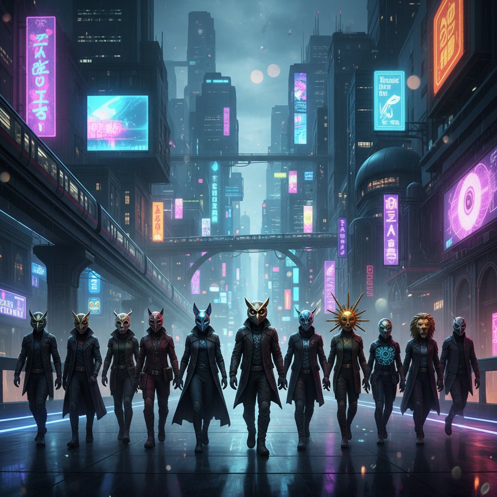 Vibrant cinematic city scene, diverse cast with symbolic masks, dusk lighting, global secret identity movies