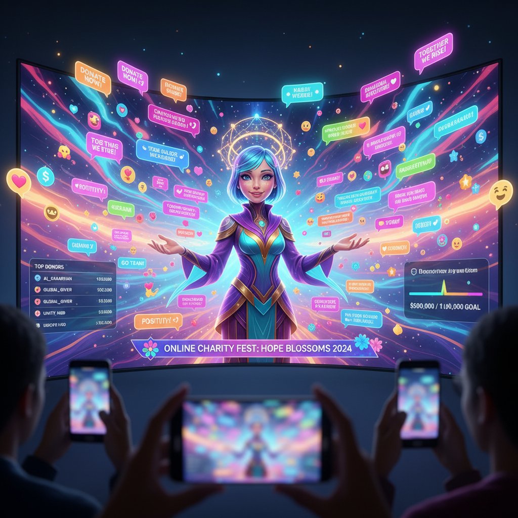 Scena online z charytatywnego eventu, influencer rozmawia przez AI, kolorowe dymki czatu, wspólnotowa atmosfera