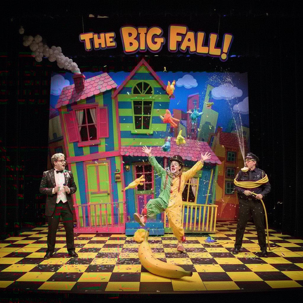 Vibrant set design in a slapstick comedy scene