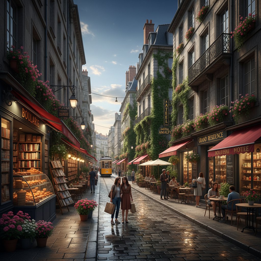 Editorial photo of a vibrant side street with local shops, no tourists, city hotels, micro-neighborhood