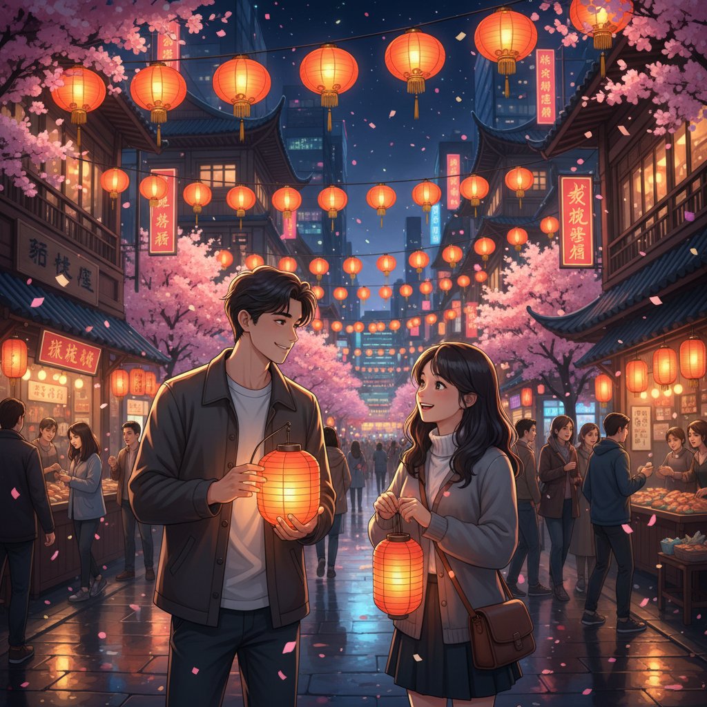 Vibrant street scene from an Asian romance comedy, two leads exchanging glances under lanterns, movie secret romance comedy
