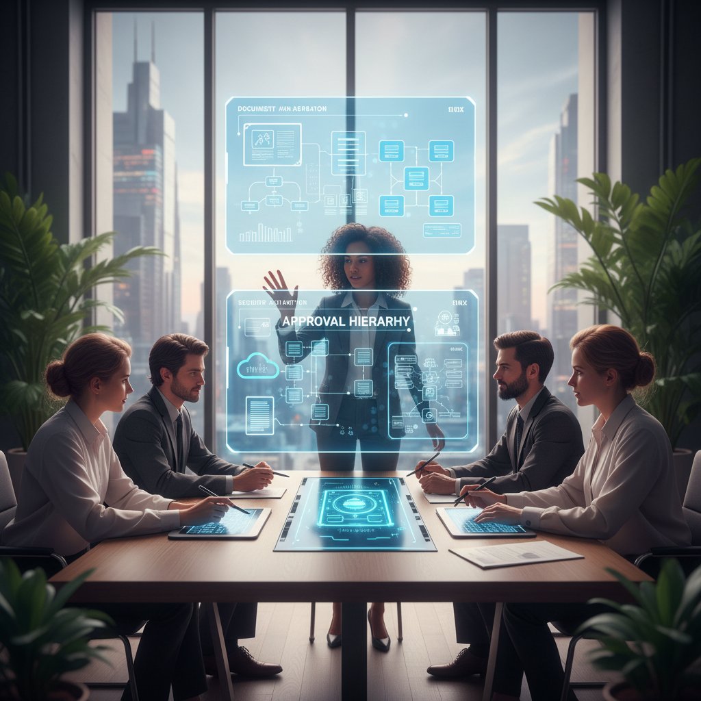 Vibrant team brainstorming session, digital screens and documents in use, symbolizing collaborative document administration