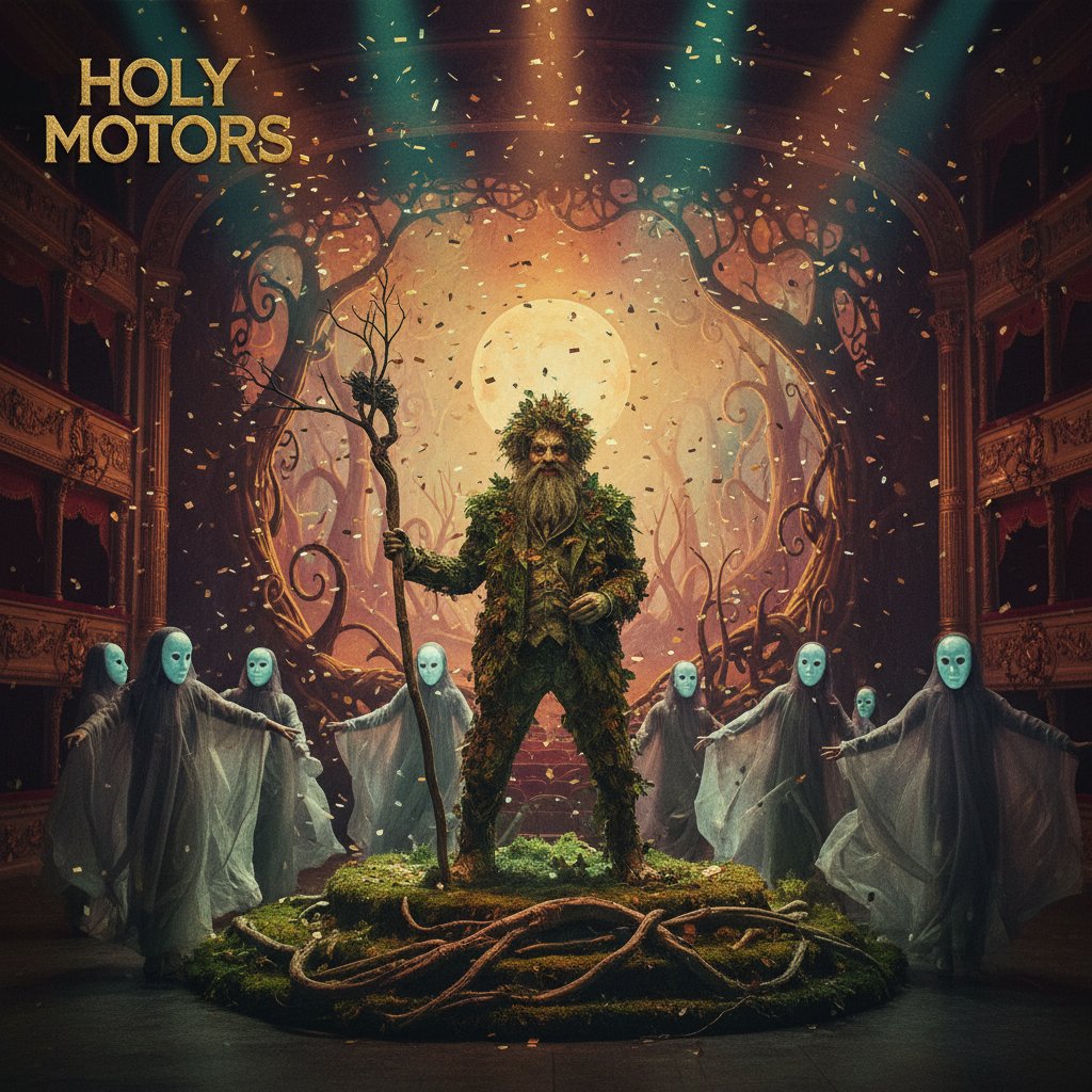 Vibrant, theatrical still referencing 'Holy Motors,' actor in elaborate costume against surreal Parisian backdrop