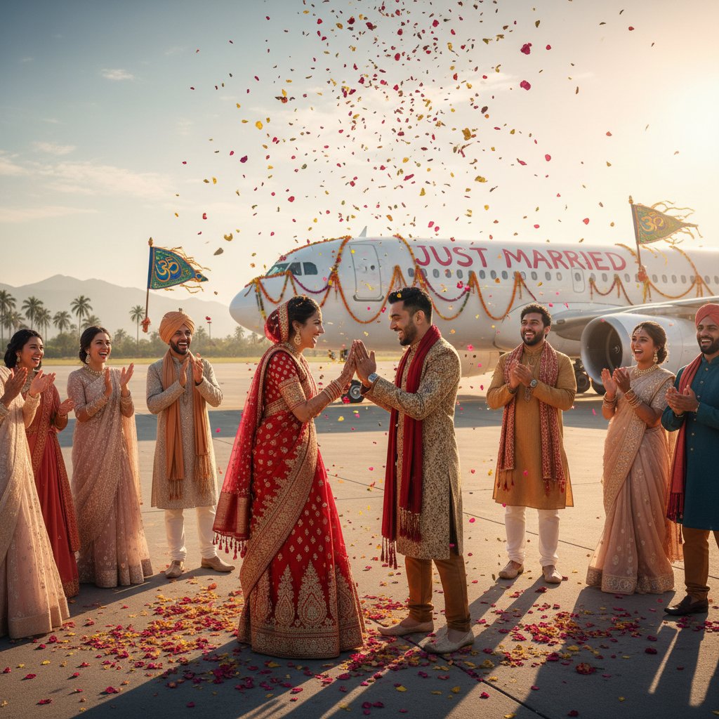 Cultural wedding celebration taking place on a flight, airplane wedding, traditional attire