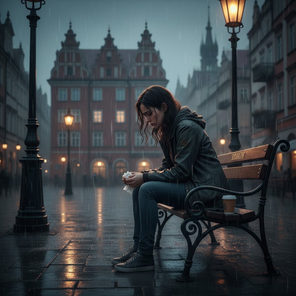 Osoba siedząca samotnie na ławce w miejskim parku, wieczór, wyraźny smutek na twarzy, urbanistyczne tło, ofiara przestępstwa w polskim mieście