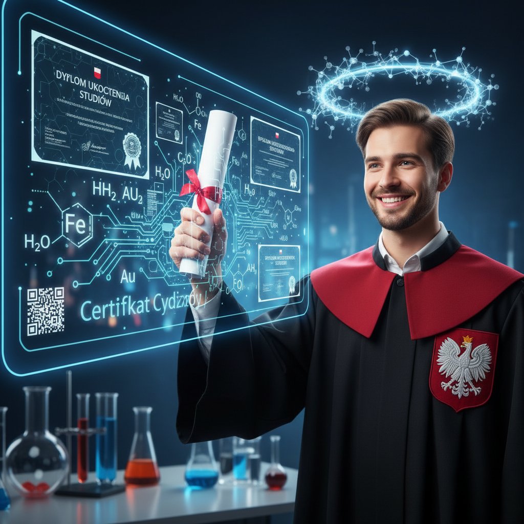 Uśmiechnięta polska maturzystka z dyplomem, otoczona symbolami chemicznymi i cyfrowymi certyfikatami