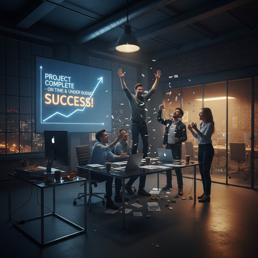 Victorious team celebrating project management success in an industrial office at night, showing relief and triumph