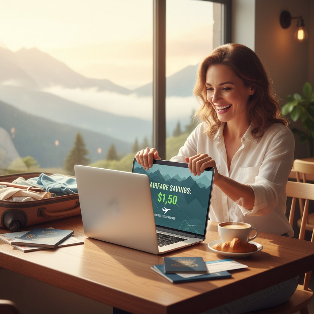 Victorious traveler closing laptop after booking best airfare deal, bright modern apartment