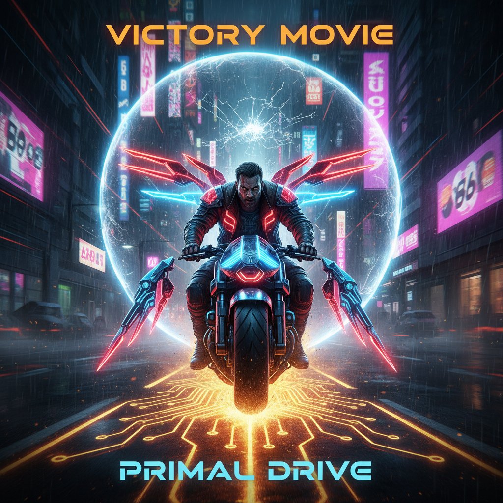 Close-up of a victorious movie protagonist, sweat and grit visible, neon-lit background, symbolizing primal drive for victory movies