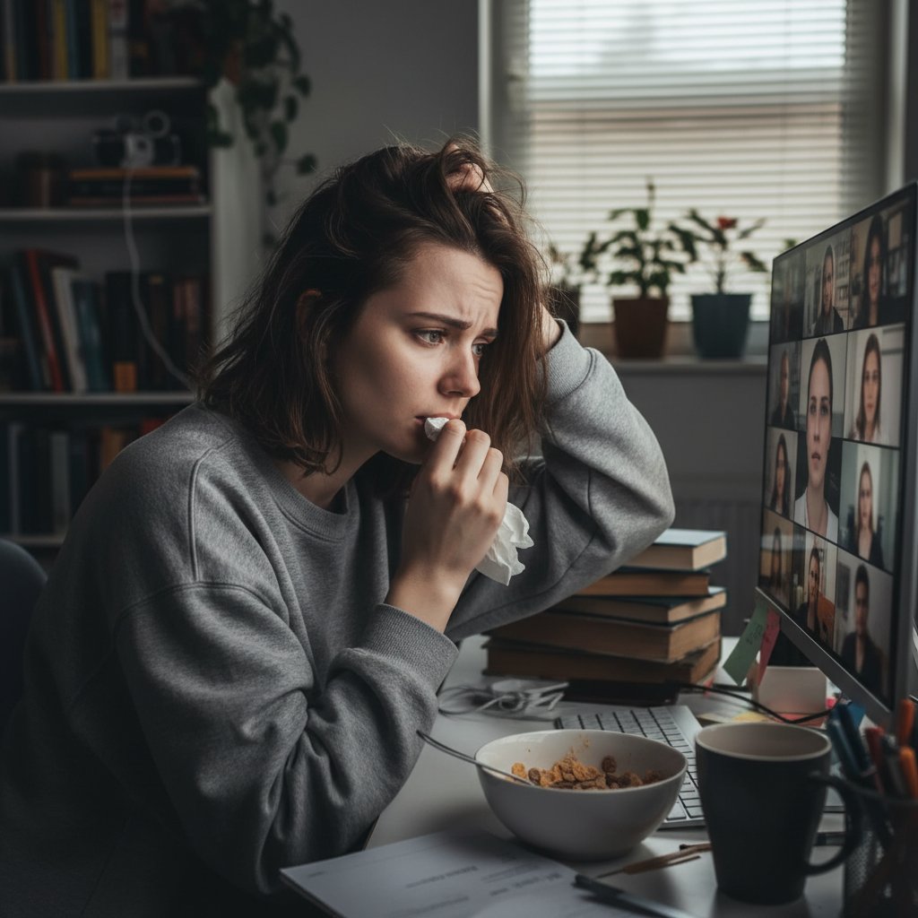 Dwie osoby prowadzą wideorozmowę, jedna z nich wyraźnie spięta, z nerwowym uśmiechem, na tle domowego biura