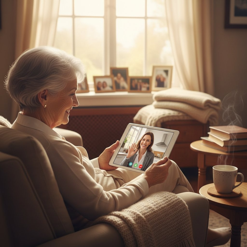 Rozmowa wideo między seniorką a córką przez tablet, ciepła atmosfera domowa