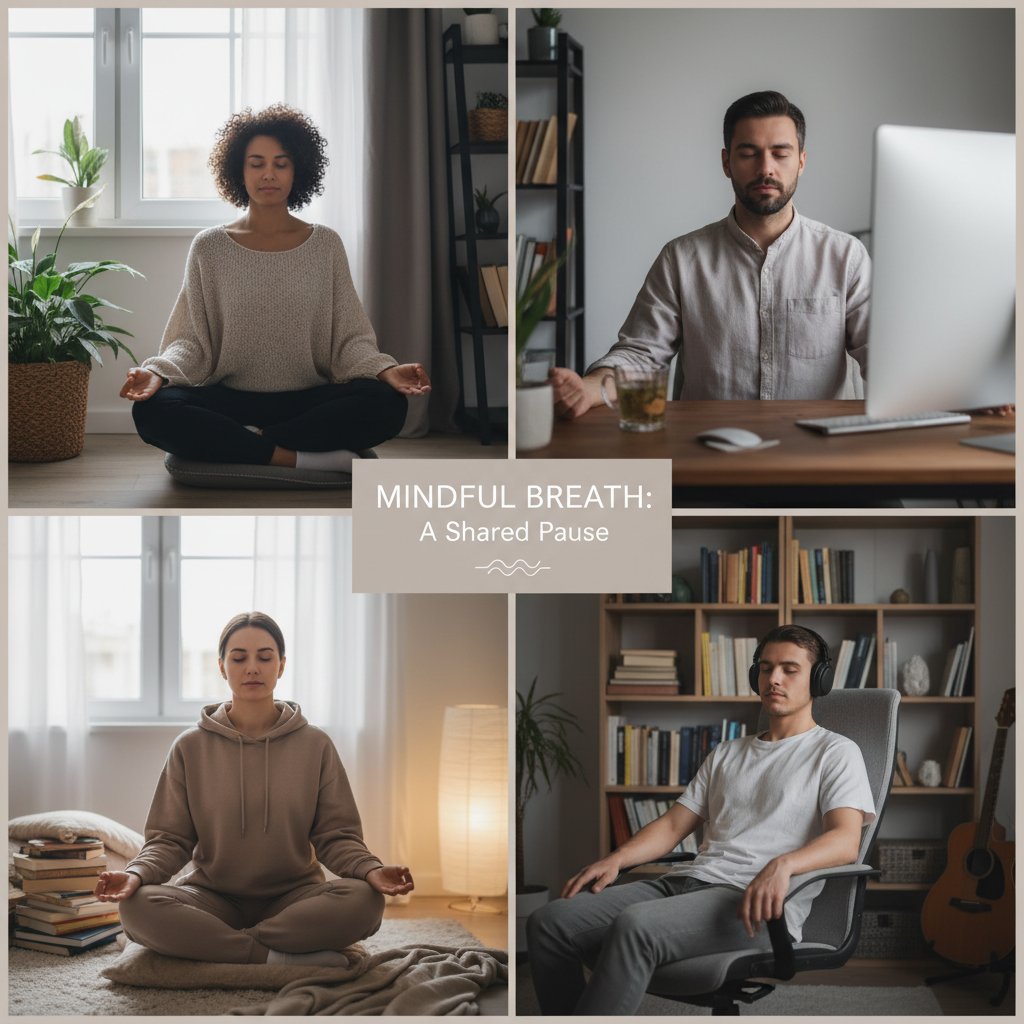 Wideorozmowa z ćwiczeniem mindfulness, domowe biuro, zrelaksowana grupa