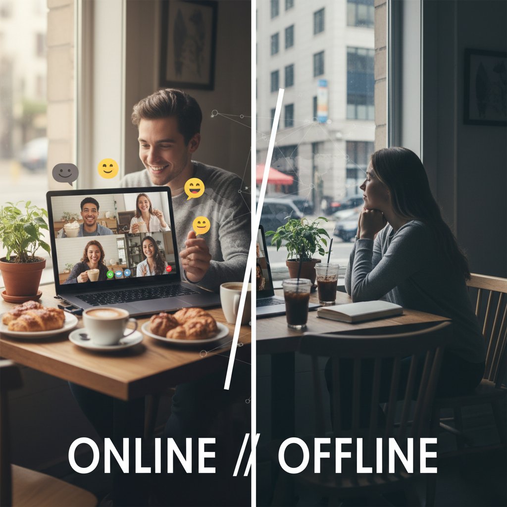 Dwie osoby rozmawiające przez videochat, jedno w domu, drugie w kawiarni, symbol relacji online i offline