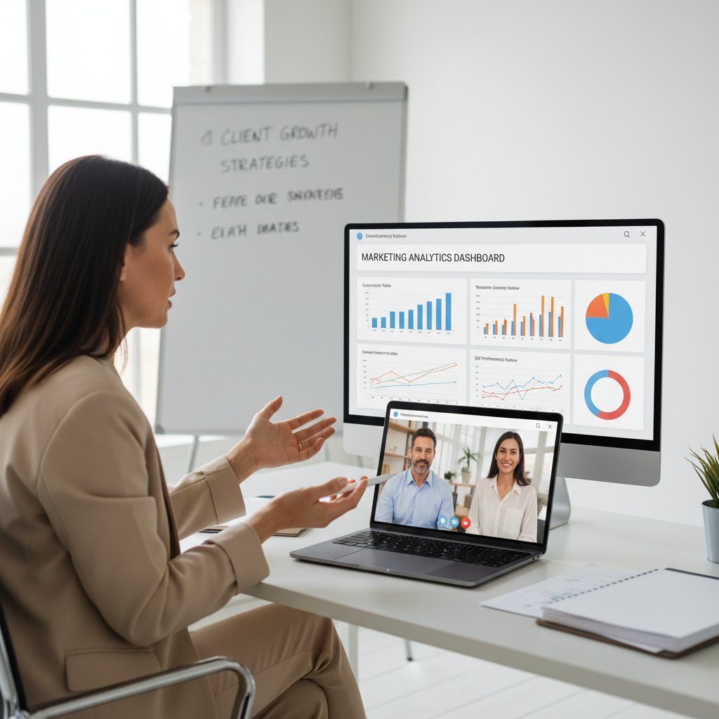 Spotkanie video konsultanta z klientem, na ekranie widać wykresy efektywności marketingowej