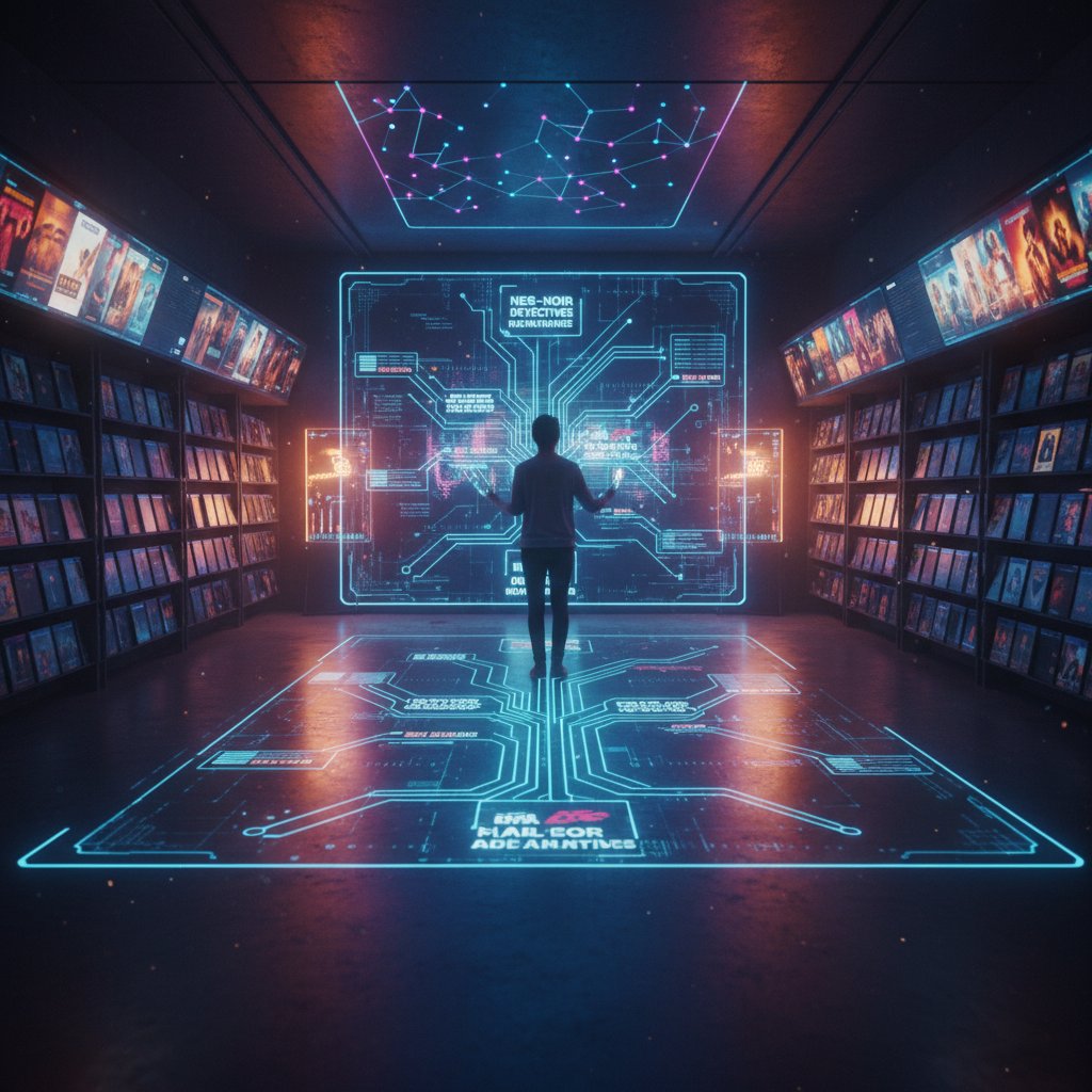 A cinematic portrait of an old-school video store morphing into a digital algorithm interface, representing the transformation from video clerks to AI movie assistants.