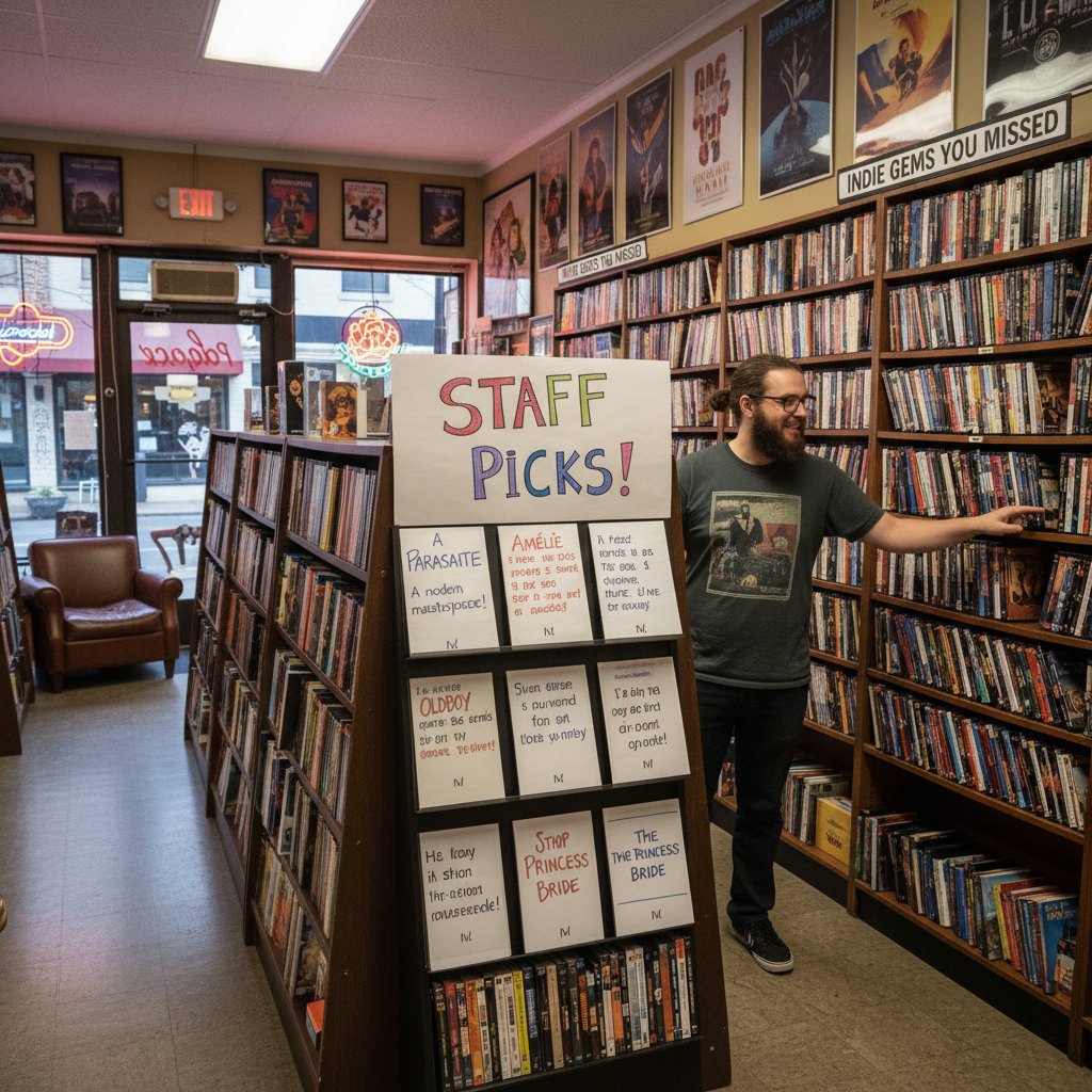 Old-school video rental store with handwritten staff picks and movie posters, representing human curation before algorithms