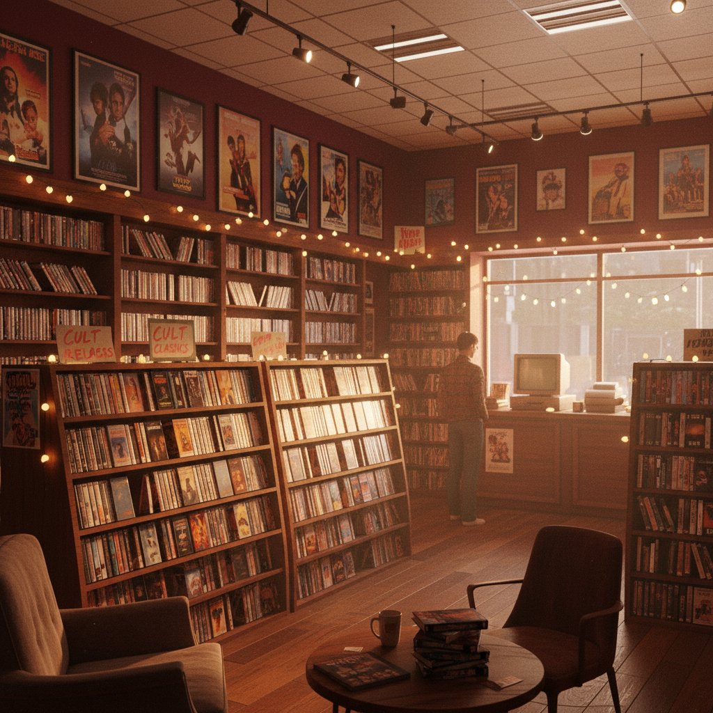 Nostalgic photo of a video store interior, shelves lined with VHS tapes and soft warm lighting, evoking the golden age of curated movie discovery