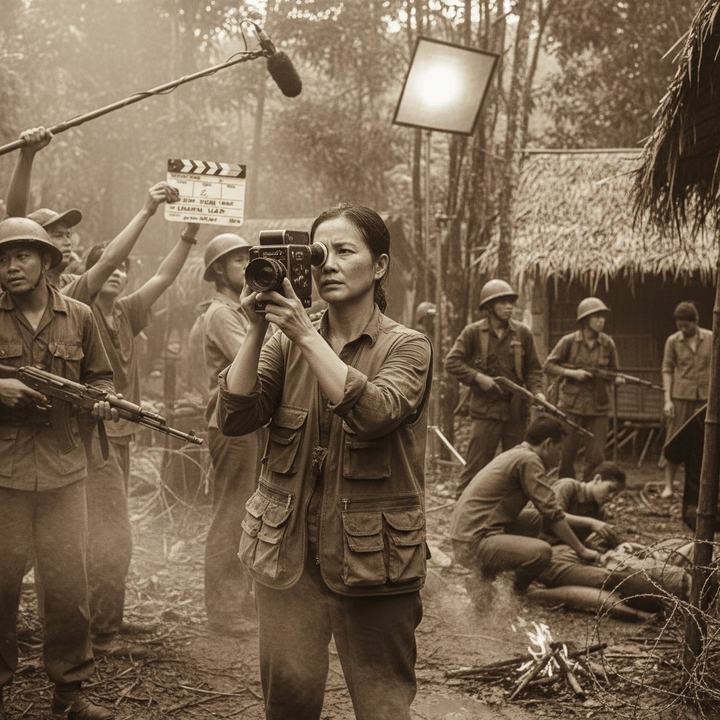 Intimate, documentary-style photo of a Vietnamese director on set of a Vietnam war film, with actors and crew.