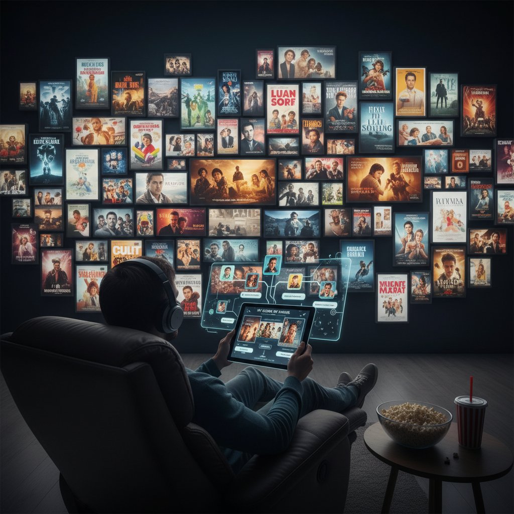 Viewer curating a personal movie wall, empowered to control their cinematic experience