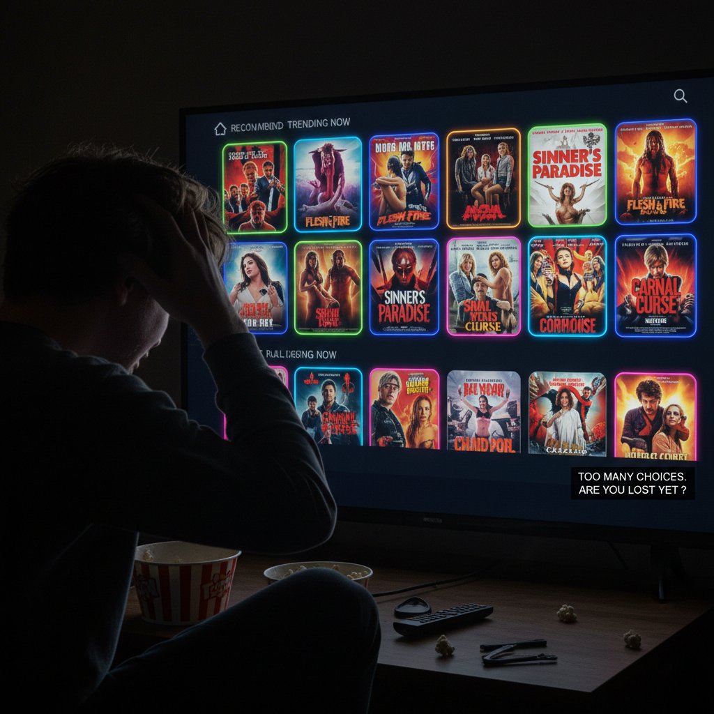 A viewer overwhelmed by streaming options for edgy movies, scrolling through endless provocative film posters