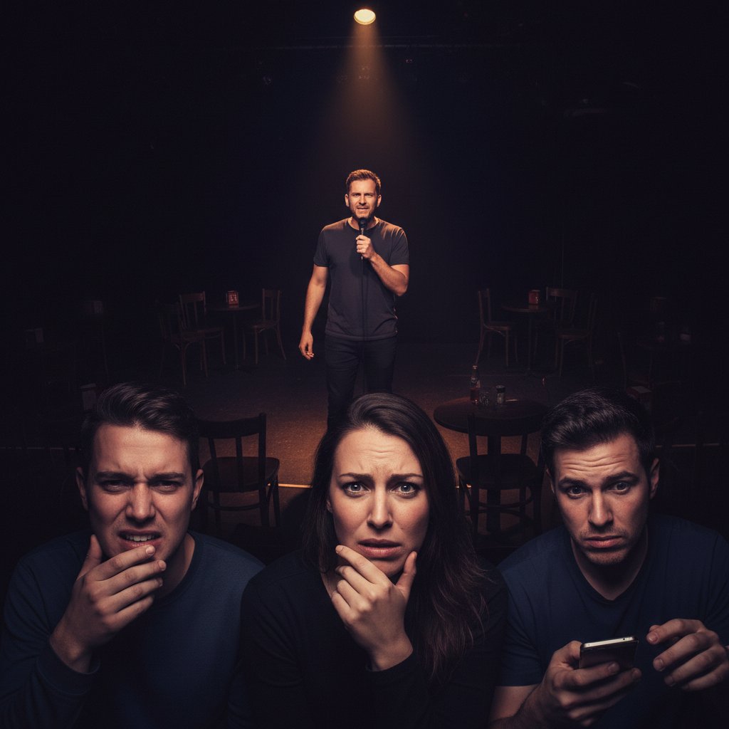 A person questioning the humor in a controversial comedy movie. Comedy discomfort, tense mood, moody lighting, viewer reaction