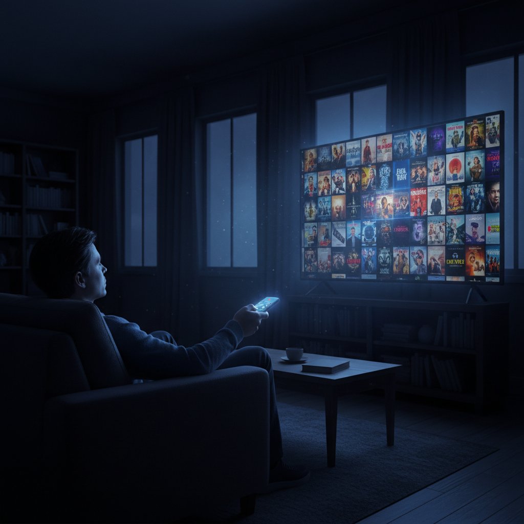 Person experiencing narrative fatigue with too many movie choices