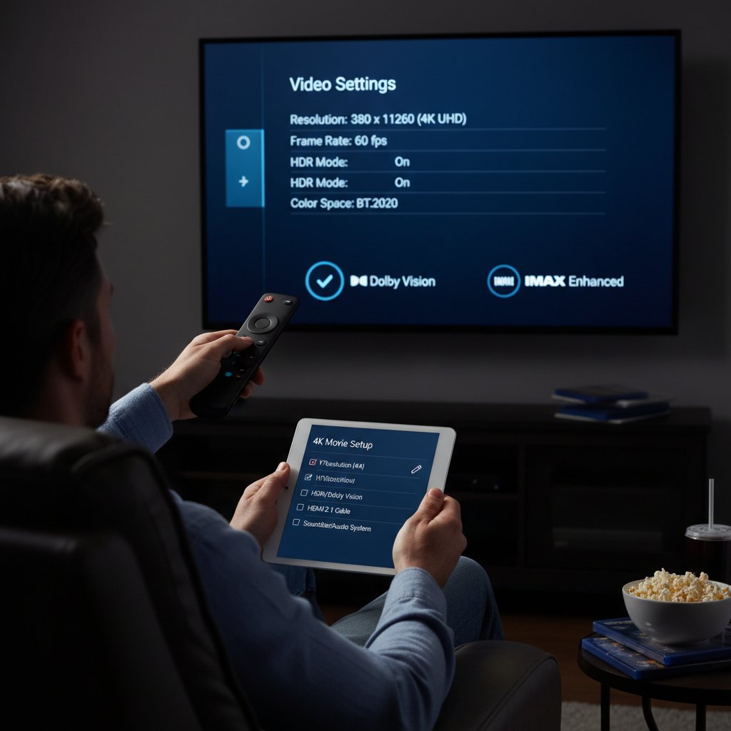 Viewer checking 4K movie settings on remote, checklist overlay, urban loft