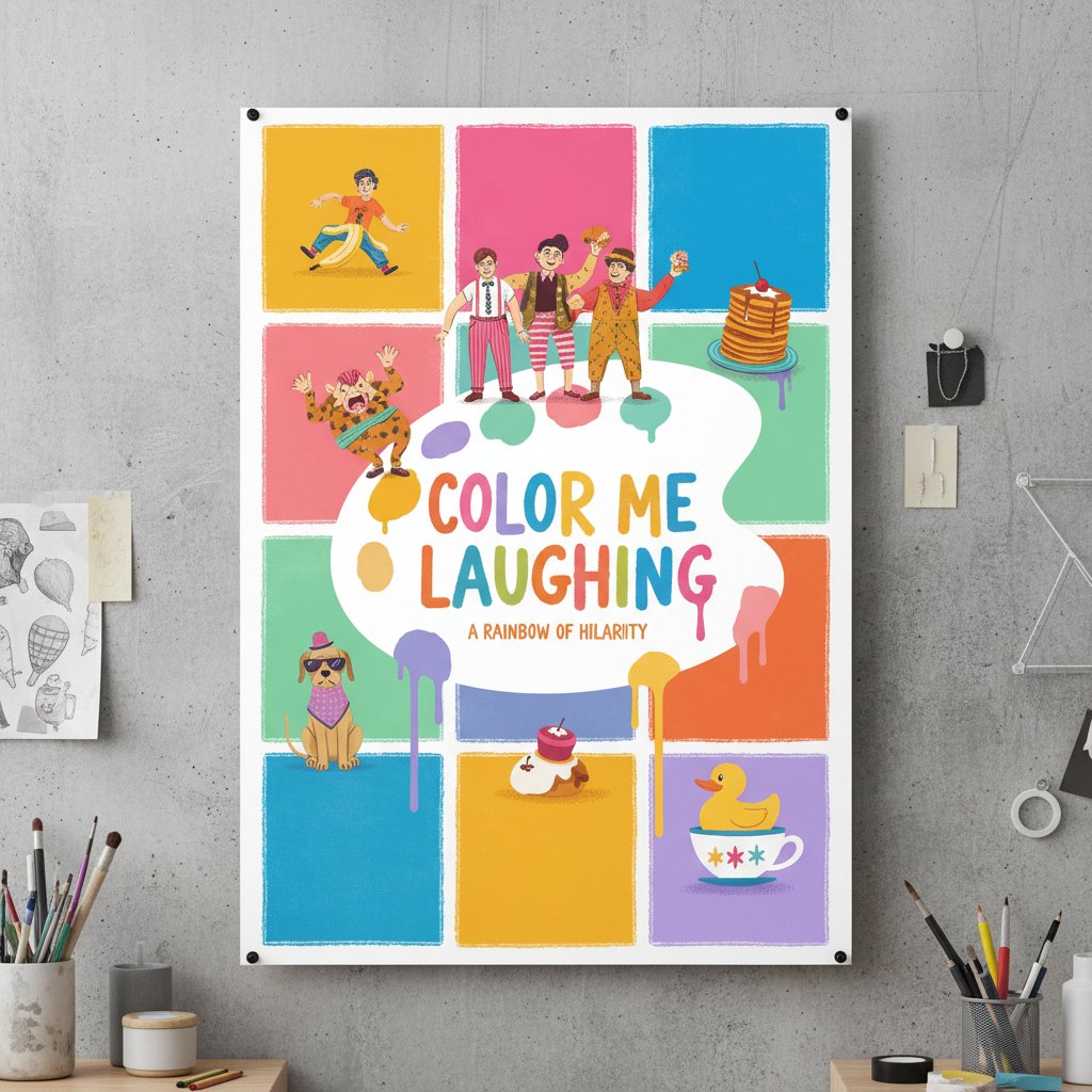 Viewer holding color swatches, surrounded by movie posters, quirky and modern, movie palette comedy movies