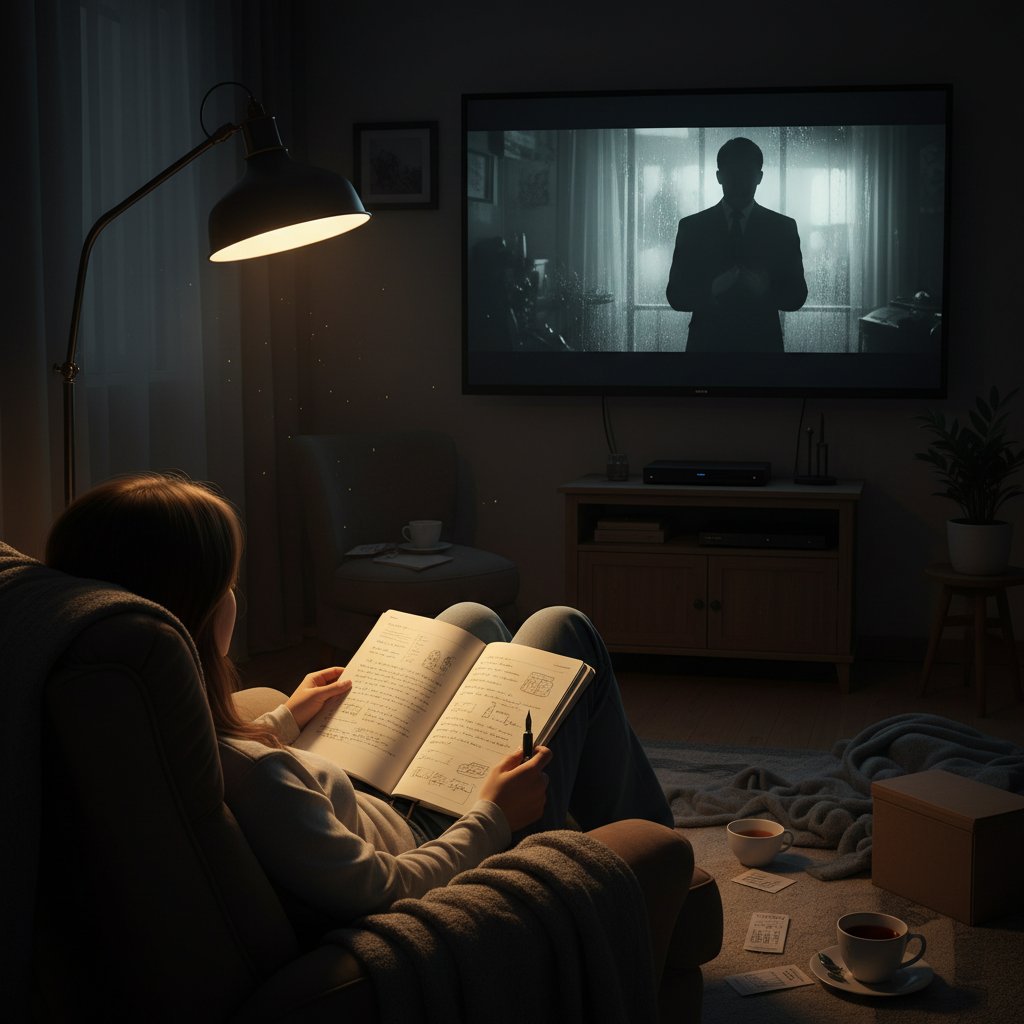 Viewer journaling after a reflection movie, moody lighting, introspective scene