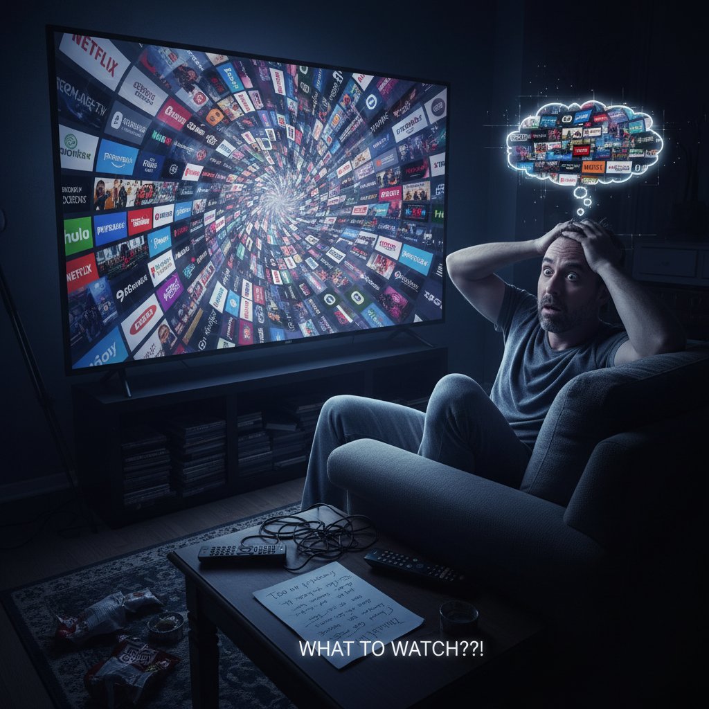Viewer overwhelmed by mainstream streaming options, closeup in dark room with streaming logos