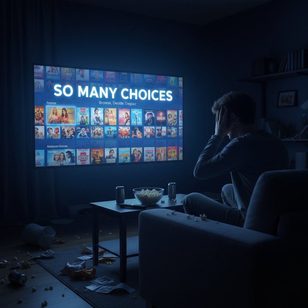 Viewer overwhelmed by too many movie choices on a streaming platform, with blue screen glow and anxious expression