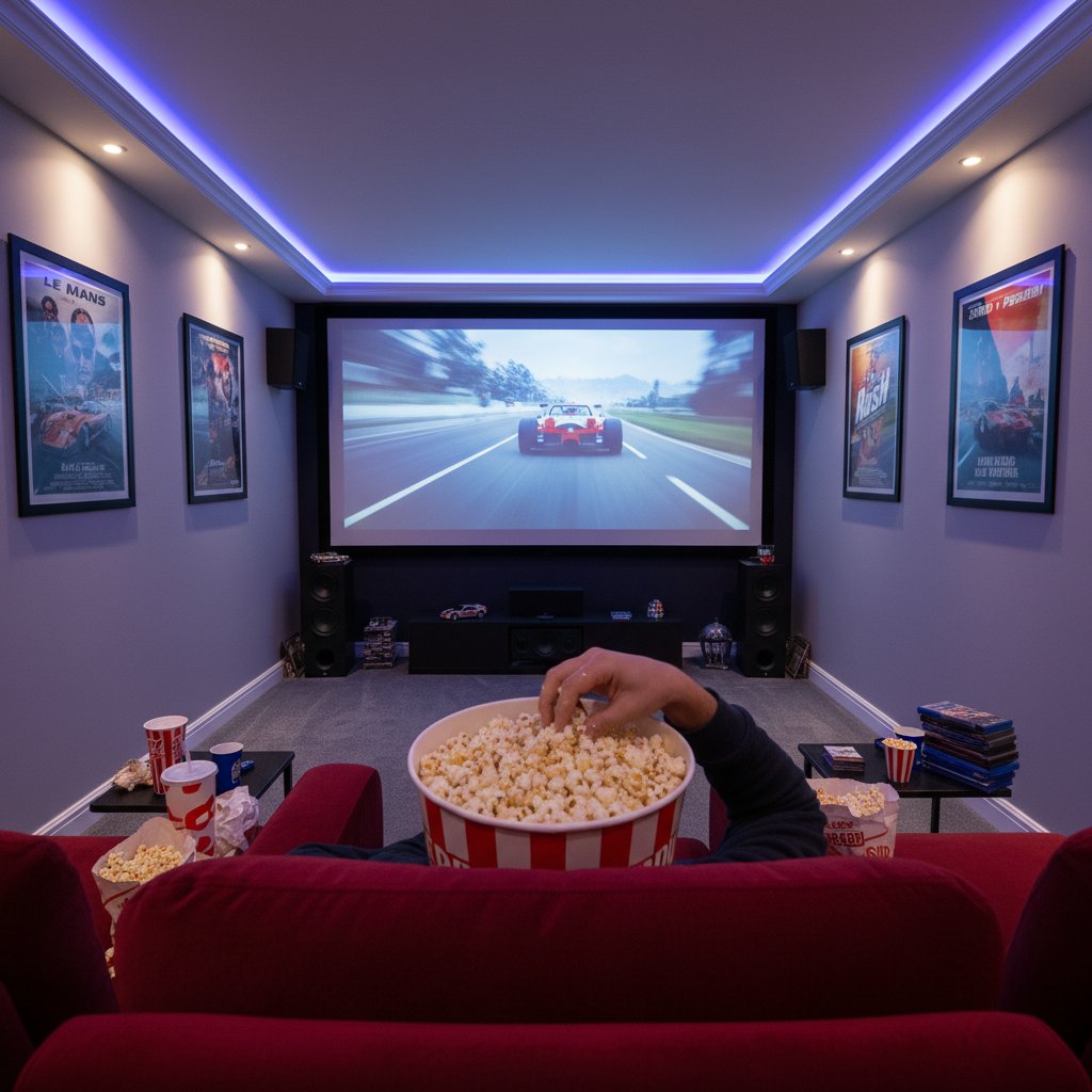 Viewer at home with popcorn, surrounded by iconic racing movie posters