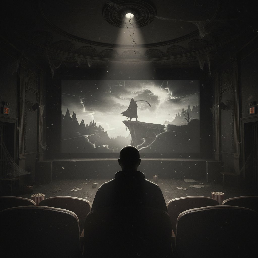 Viewer silhouette, flickering screen, Hitchcock mood