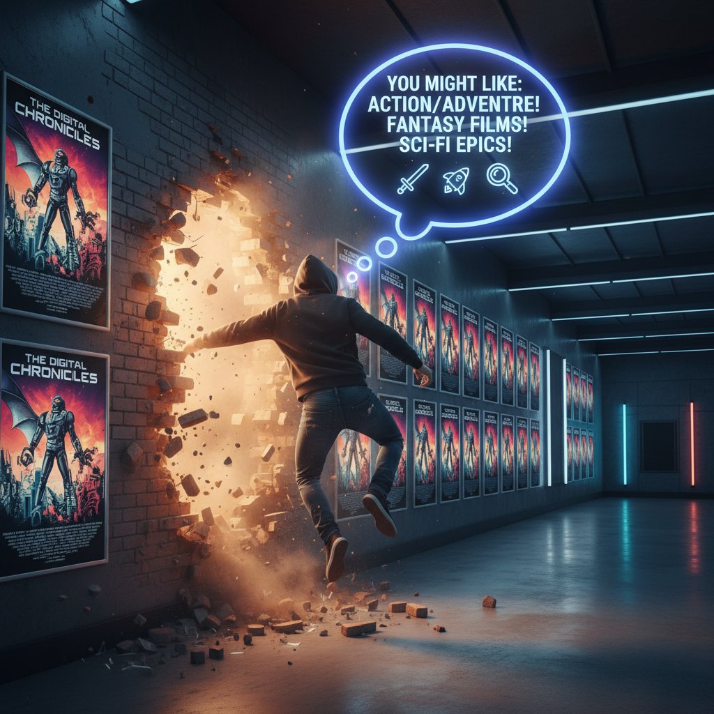 Viewer breaking through a wall of identical movie posters, energy and liberation symbolizing breaking out of the recommendation bubble
