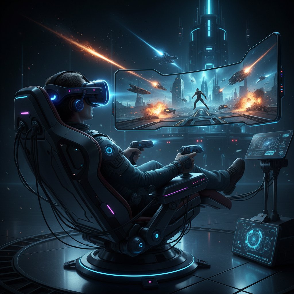 Viewer experiencing an immersive VR action movie with futuristic visuals, gamer wearing VR headset