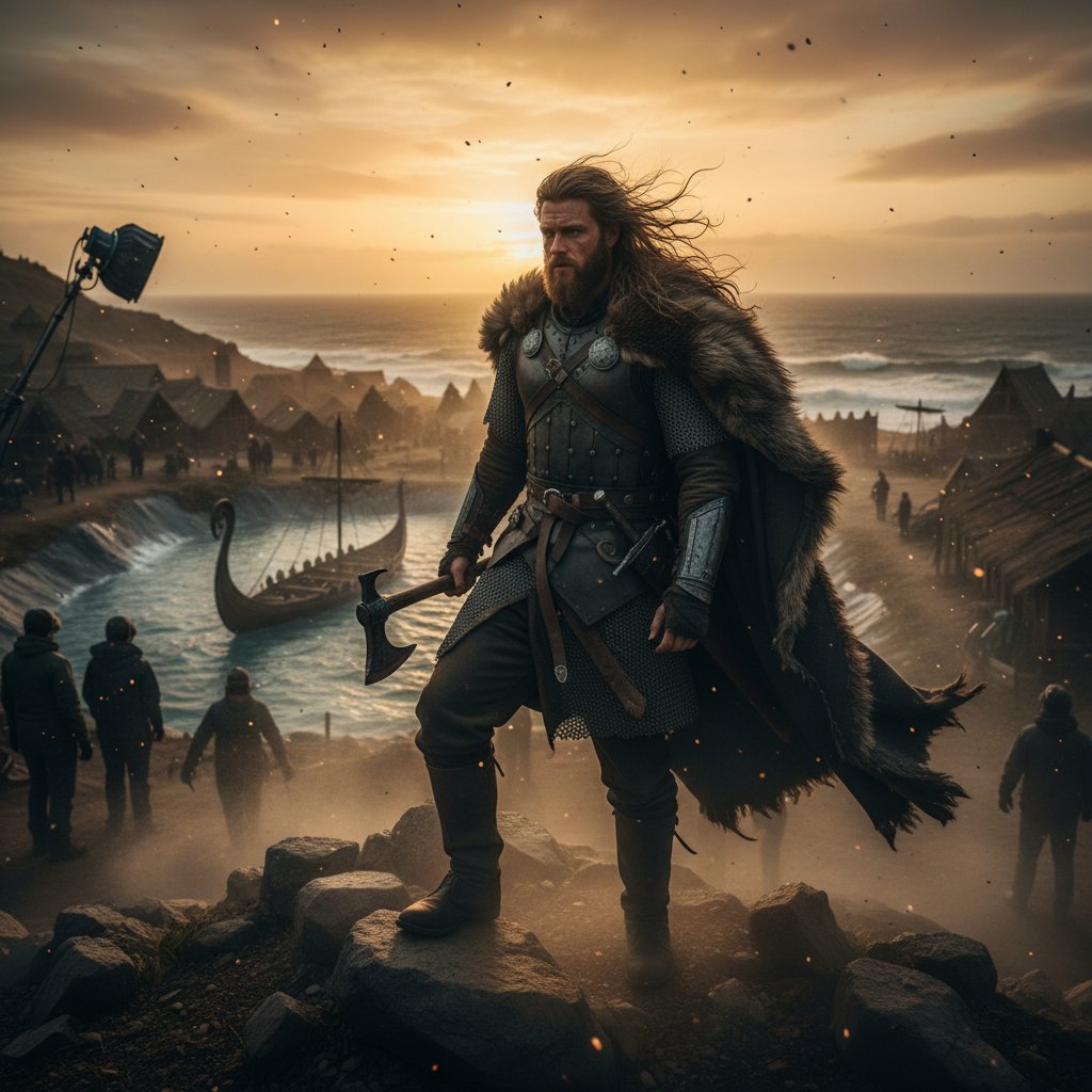 Gritty, cinematic shot of an actor in viking gear surrounded by film cameras and crew on a windswept set, dusk lighting