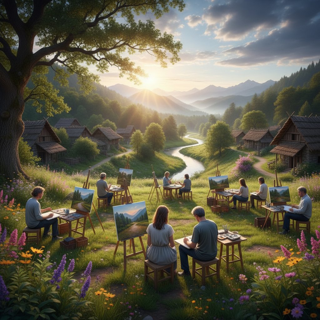 Plenerowy warsztat artystyczny na wsi, uczestnicy malują na tle natury