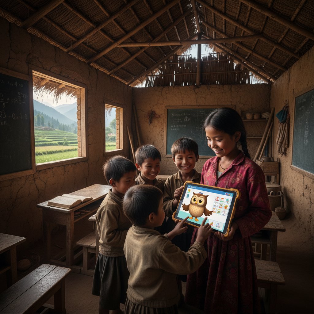 Dzieci z małej miejscowości uczące się z tabletem i awatarem AI na tle wiejskiej szkoły