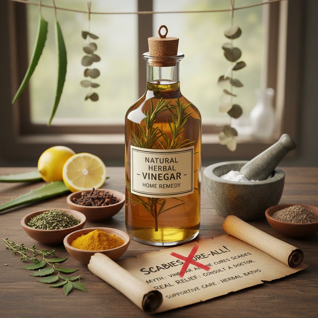 Butelka octu, zioła i domowe środki na stole – mity o domowym leczeniu świerzbu