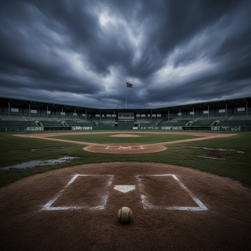 Vintage baseball field under stormy sky, empty stands, sense of anticipation, baseball movies evoke nostalgia