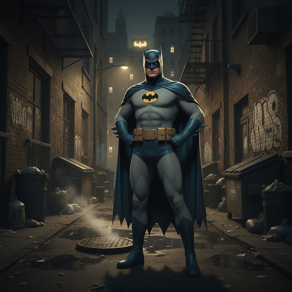 Vintage Batman confronting his origins in a shadowy alley