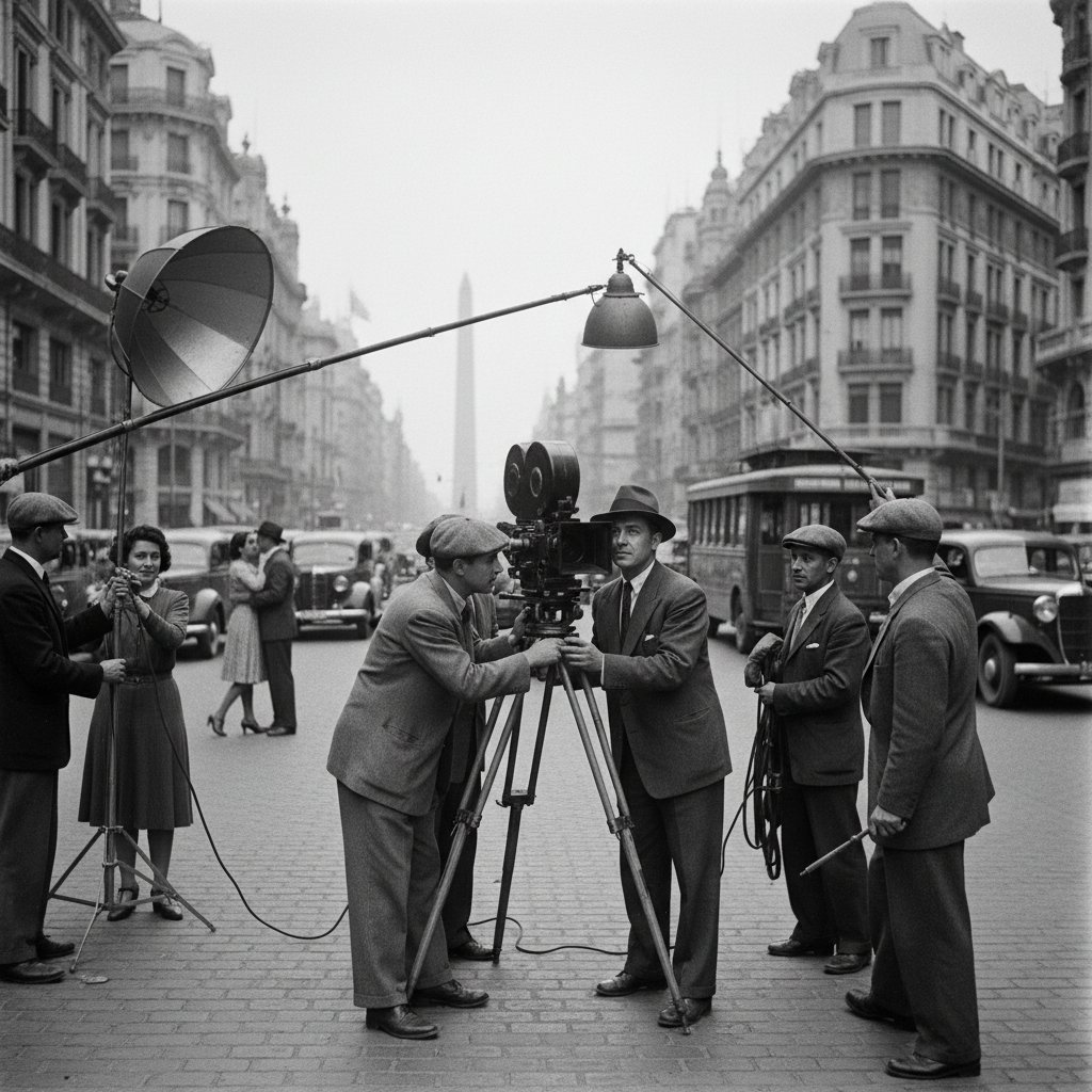 Vintage black-and-white photo of early Argentinian film crew on set in 1940s Buenos Aires, nostalgic mood, high contrast