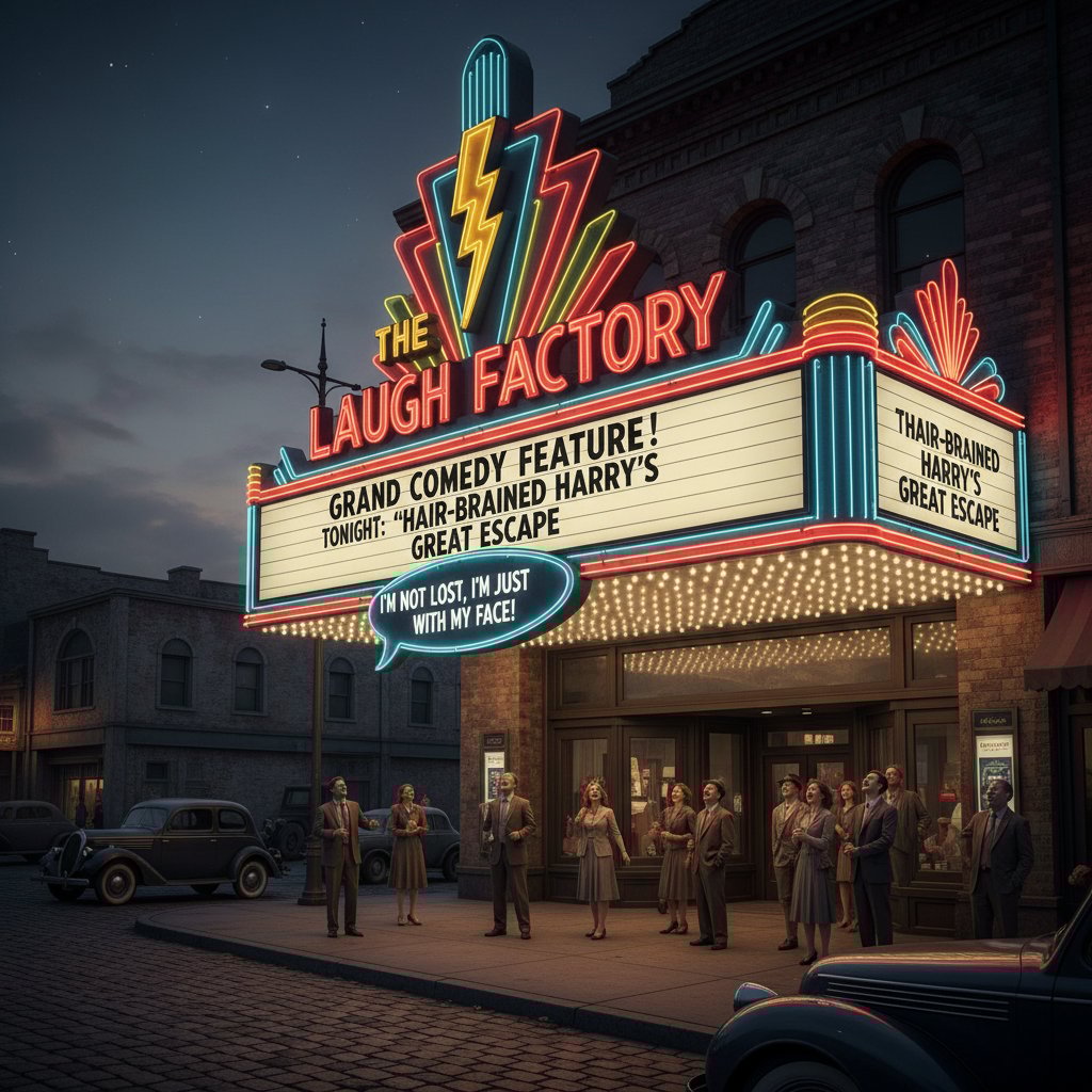 Vintage cinema with classic comedy movie titles on marquee, neon lights glowing at night, referencing quotable dialogues