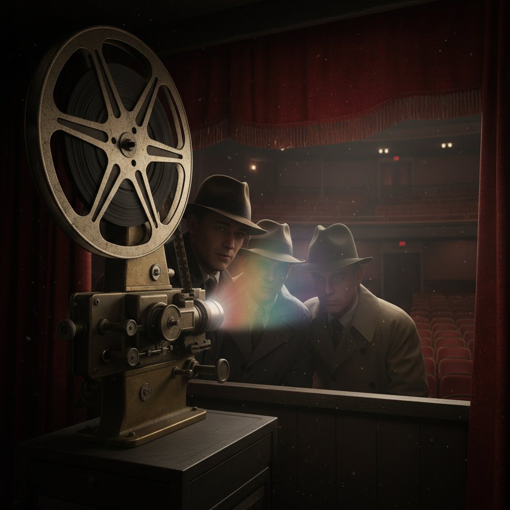 Vintage cinema projectionist, hidden signals: old film reel, subtle rainbow lighting, secretive faces