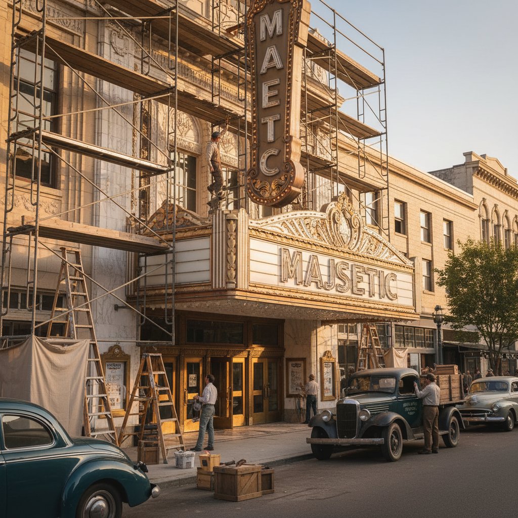 Vintage cinema restored for modern audiences, black-and-white photo showing old movie theater with scaffolding and workers