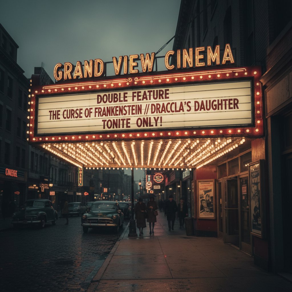 Vintage cinema marquee showing b movie double feature in English, high-res