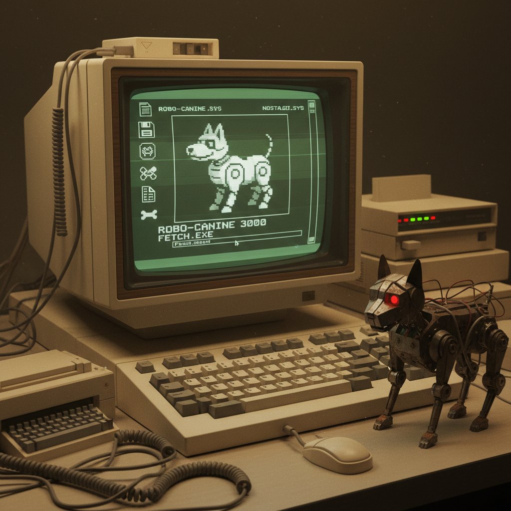 Stare interfejsy komputerowe z chatbotem w formie psa – nostalgiczna ironia