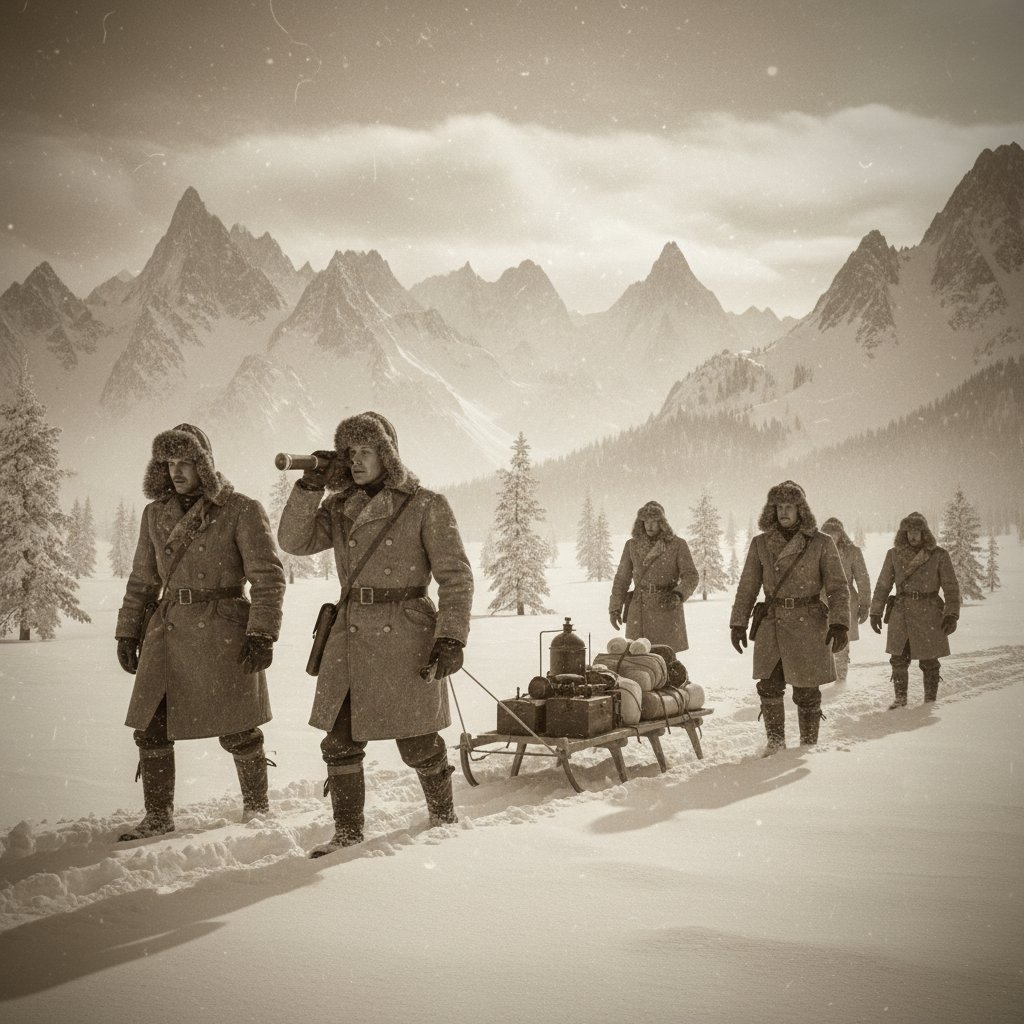 Vintage movie poster style explorers braving snowy wilderness