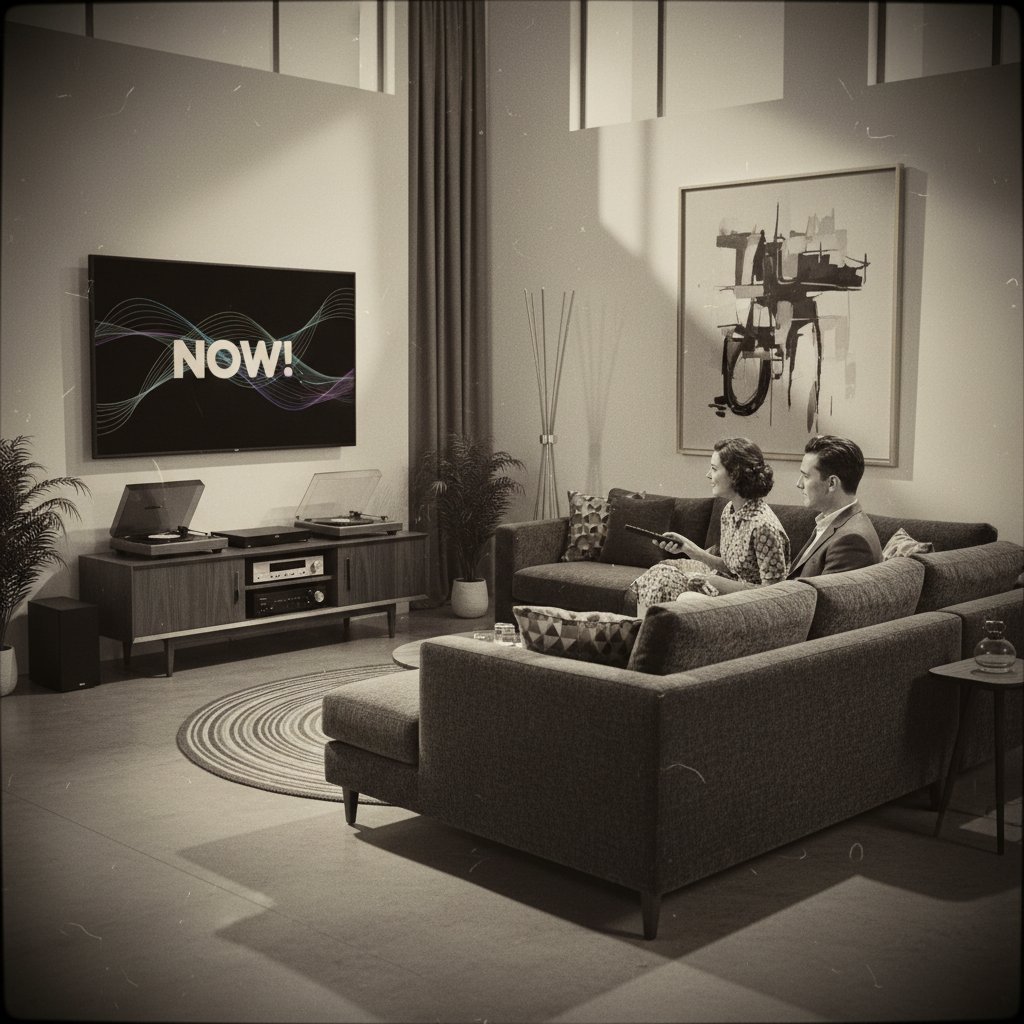 Modern living room with vintage film playing on smart TV. Alt: Rediscovering Jack Nicholson movies through streaming in a modern living room.