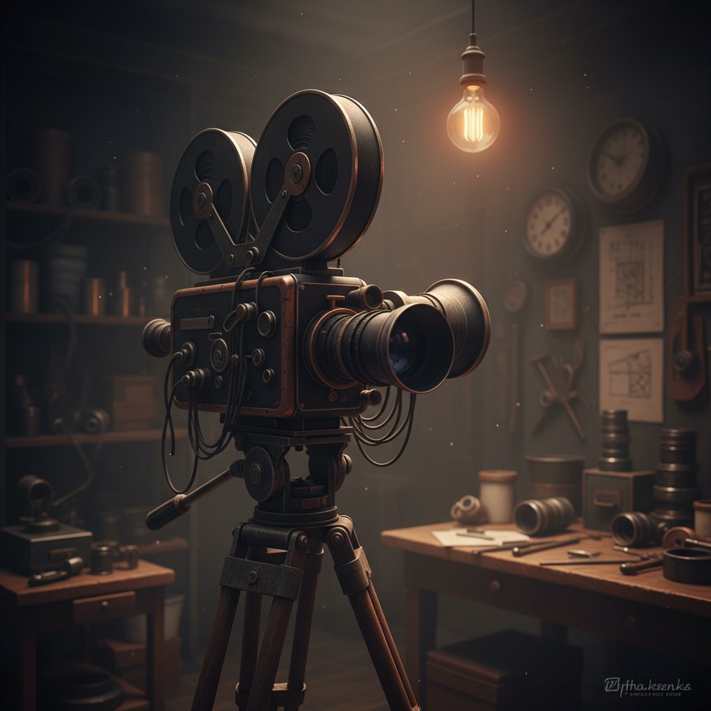 Vintage film camera dolly, old-school movie equipment, moody lighting, 16:9, cinematic style